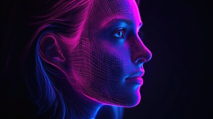 Futuristic Woman with Neon Facial Grid in Digital Art Portrait