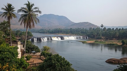 Fototapeta premium Tropical river waterfall, calm view, palm trees, hills, travel brochure