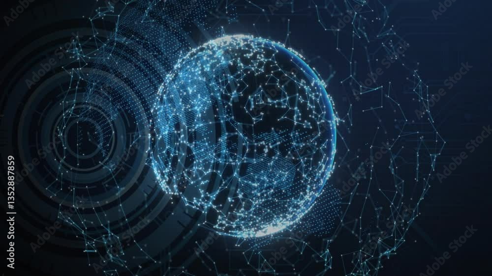 Poster animation of digital globe glowing with network connections and geometric patterns