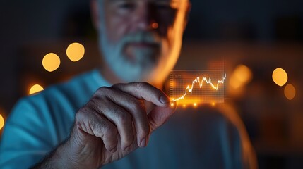 Man Holding Holographic Stock Market Chart with Glowing Data in a Dark Environment