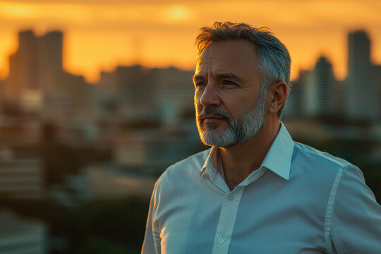 A mature man with a contemplative gaze, bathed in the golden light of a setting sun over a cityscape.