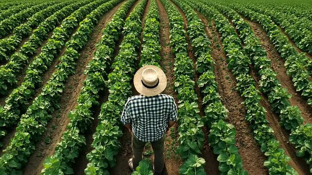 Farmer overseeing lush green strawberry fields under sunlight, showcasing agriculture and nature