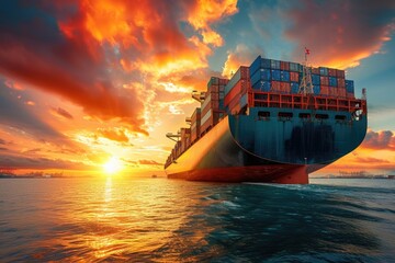 A large container ship sails at sunset, showcasing global trade and maritime transport.
