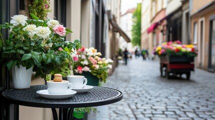 Fototapeta premium A charming street scene with coffee and flowers in a quaint setting.