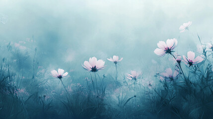 Serene landscape featuring delicate pink flowers swaying gently in a misty blue atmosphere