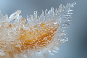 Intricate ice crystals and water droplets adorn a plant's seed head, a stunning winter microcosm.