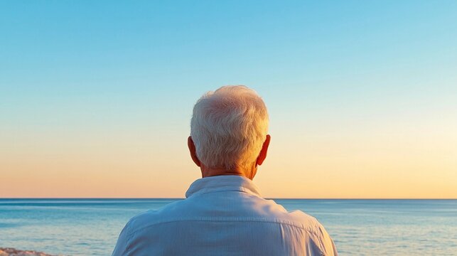 back view of a retired elderly man alone at a beach looking at the ocean during taking a vacation after retirement reflecting on life and memories