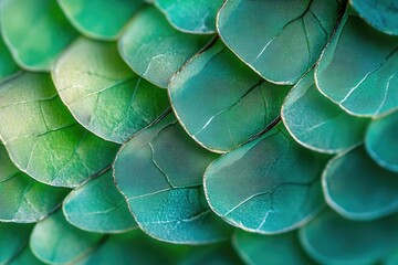 Obraz premium Intricate overlapping teal leaves create a mesmerizing, natural texture; a close-up view of detailed leaf patterns.