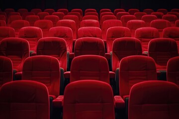 Naklejka premium Rows of empty red cinema seats await the audience, creating a cinematic atmosphere.