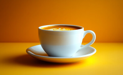 Latte art on yellow cup. A white coffee cup sits on a saucer against a bright yellow backdrop, showcasing intricate latte art inside.