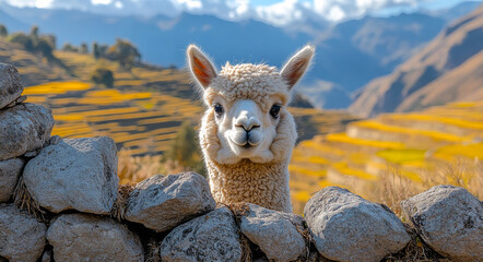 Obraz premium Llama peeking over a stone wall in Peru. A curious llama peers over a stone wall with scenic mountains and fields in the background during daylight.