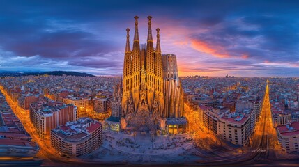 Naklejka premium Sagrada Familia sunset aerial panorama, Barcelona cityscape, twilight