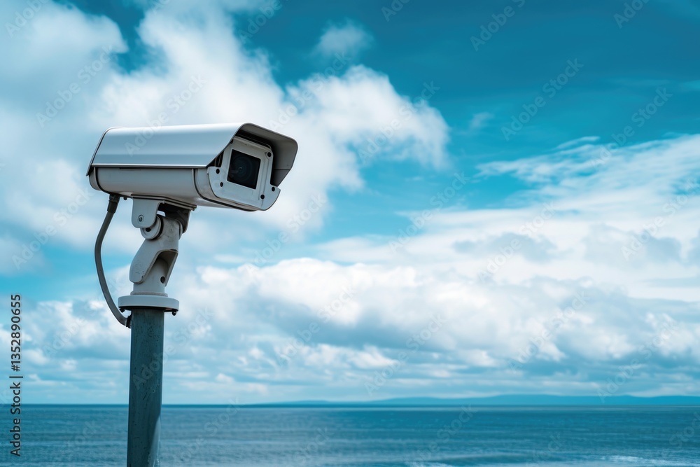 Poster a security camera overlooking a tranquil ocean scene under a partly cloudy sky.