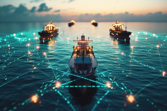 Container ships connected by digital network at sea, showcasing advanced maritime technology and global trade.