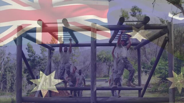 Training on obstacle course, soldiers with Australian flag animation overlay