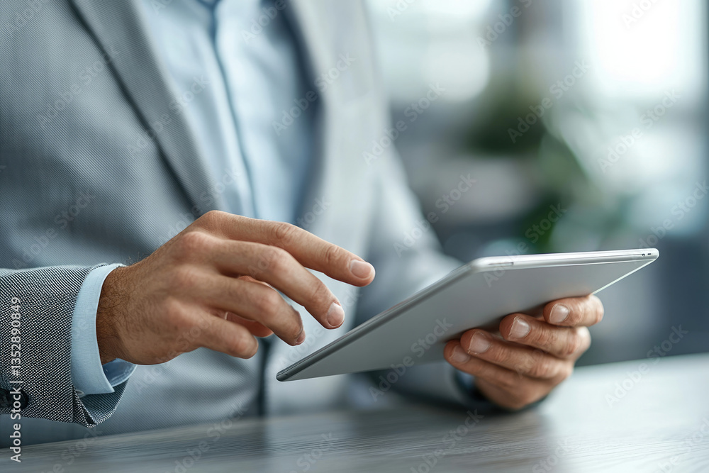Poster close-up of a businessman using a tablet, showcasing modern business technology and digital workflow