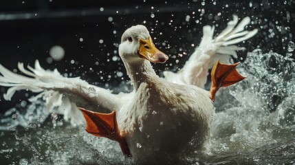 White Duck Splashing in Dark Water