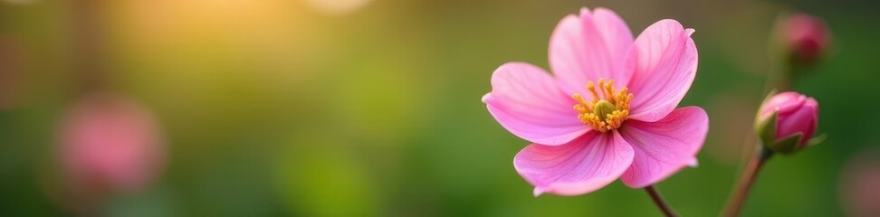 Obraz premium Close-up pink flower, soft focus, spring greenery, pastel, floral