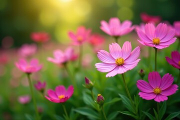Obraz premium Cosmos flowers in full bloom, lush green foliage, field, meadow