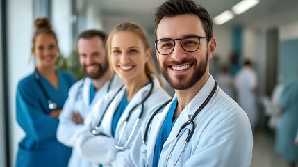 Medical team posing in a modern clinic.  A group of cheerful healthcare professionals in scrubs and lab coats stand in a row, smiling at the camera.  Modern, professional, and friendly