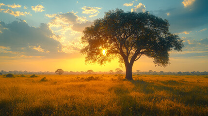 Fototapeta premium Sunrise over savannah tree. A majestic tree stands alone in the savannah as the golden sun rises, casting warm light on the tall grasses.