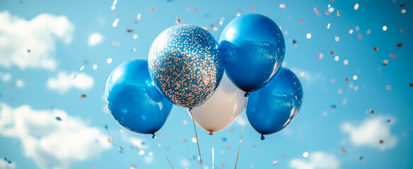 Blue balloons and confetti fun!. Bright blue balloons float against a clear sky, surrounded by colorful confetti during a festive celebration.