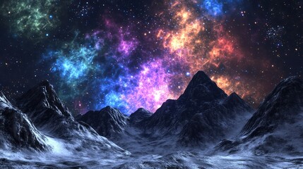 Fototapeta premium Colorful nebula above snow-capped mountains, night sky, fantasy landscape, game design