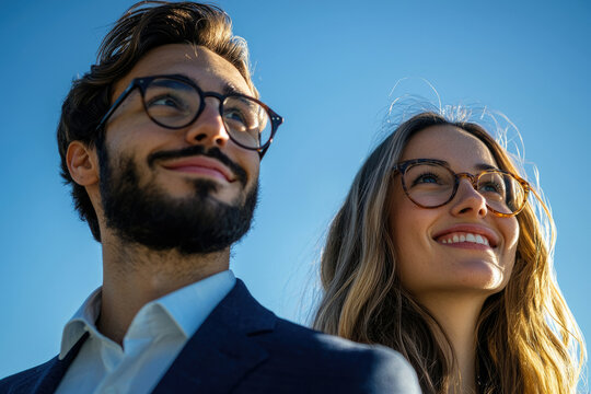 A young couple, both wearing glasses, look optimistically towards a bright blue sky.