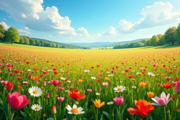 Fototapeta premium Vast spring meadow, vibrant blooms panoramic view, clouds, springtime