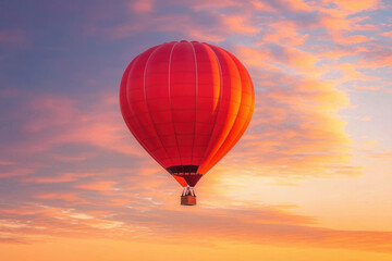 Fototapeta premium A vibrant red hot air balloon gracefully floats against a breathtaking sunset sky.