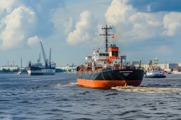 A large orange and black cargo ship sails on a waterway past other vessels and a city skyline under a partly cloudy sky.