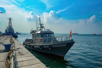 Naklejka premium A gray patrol boat is docked at a pier under a partly cloudy blue sky, other vessels are visible in the distance.