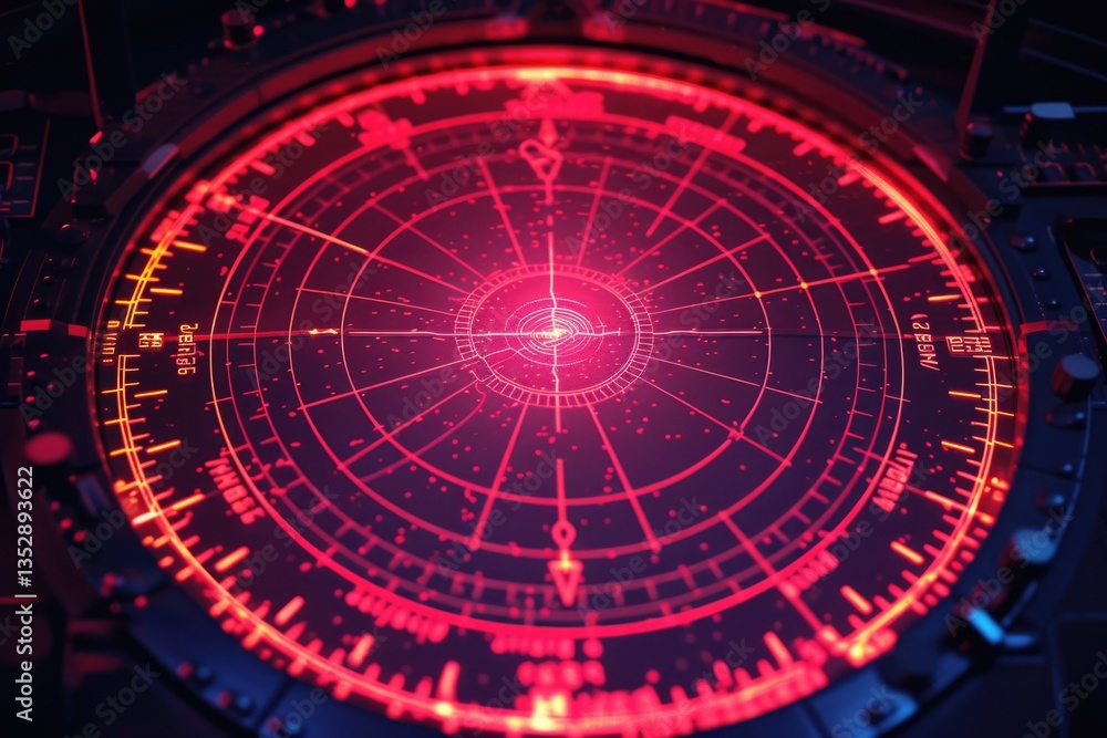 Poster a futuristic, glowing red radar screen displays intricate concentric circles and data points, sugges