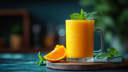 Fototapeta premium Mango smoothie with oranges. A vibrant mango smoothie sits in a glass, garnished with mint and accompanied by orange slices on a blue table.