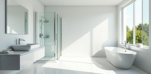 Fototapeta premium Bright white bathroom with rainfall shower, frameless glass, contemporary, elegant, simple