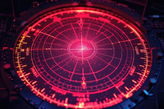 A futuristic, glowing red radar screen displays intricate concentric circles and data points, suggesting advanced technology.