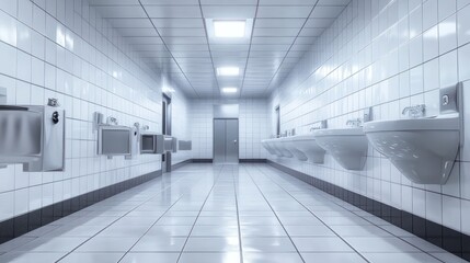 Obraz premium Modern Public Restroom with Clean White Tiles and Stainless Steel Fixtures