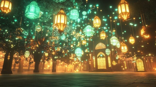 A vibrant virtual Eid festival set in an open square with futuristic floating holographic lanterns casting cascading green and gold lights over intricate geometric patterns