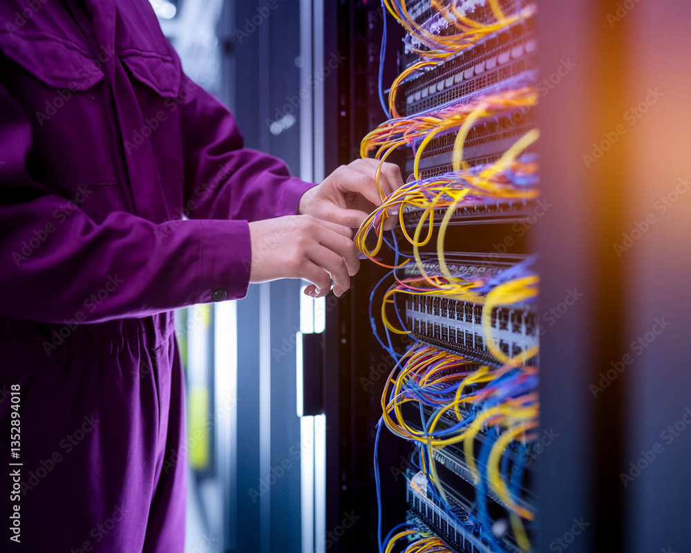 Poster close-up of hands connecting colorful cables in server rack, showcasing network infrastructure maint
