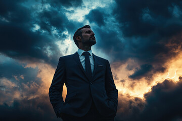A businessman stands defiantly against a dramatic stormy sky, symbolizing resilience and overcoming adversity.
