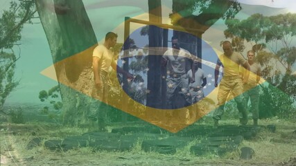 Training on obstacle course, soldiers with Brazilian flag animation outdoors - Powered by Adobe