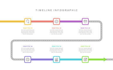 Obraz premium Business road map timeline infographic concept. with icons and 6 options, workflow layout, diagram, report, web design. Creative, vector, illustration.