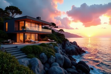 Coastal modern home, dramatic clifftop setting Expansive windows, sunset views , coastal home, bright