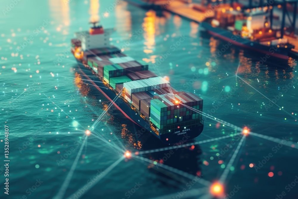 Poster a container ship sailing on the ocean, connected by digital network lines, signifying global trade a