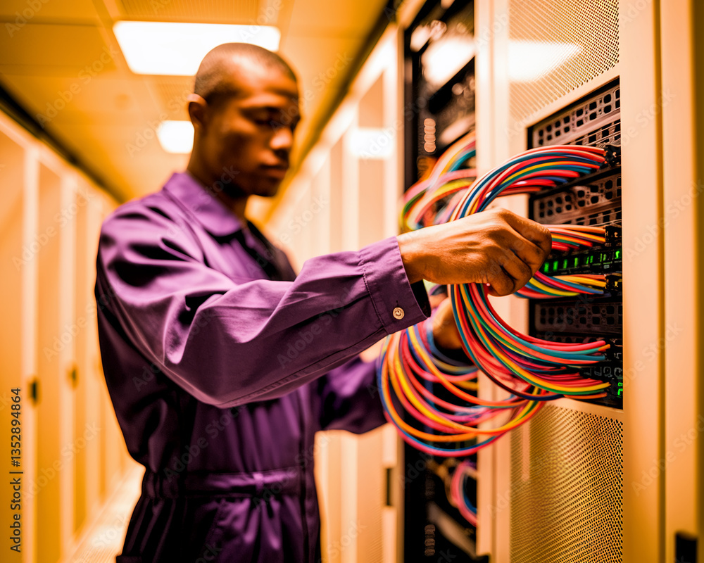 Poster technician connecting colorful cables in server room, showcasing network infrastructure and technolo