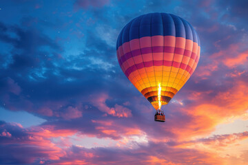 Fototapeta premium A vibrant hot air balloon ascends against a breathtaking sunset sky, creating a magical scene.