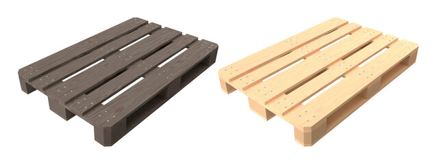 Set of wooden pallet for warehouse cargo storage isolated on white background. 3d render of tray for cargo loading and transportation, freight delivery, warehousing service equipment