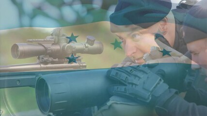 Aiming rifles, two people with Honduras flag animation overlay in background - Powered by Adobe