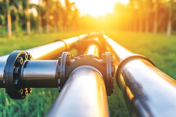 Metallic pipes and landscape with radiant sunlight background in nature