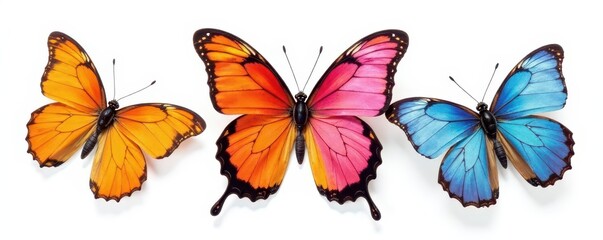 Vibrant butterflies, assorted species, isolated on pure white background , collection, illustration
